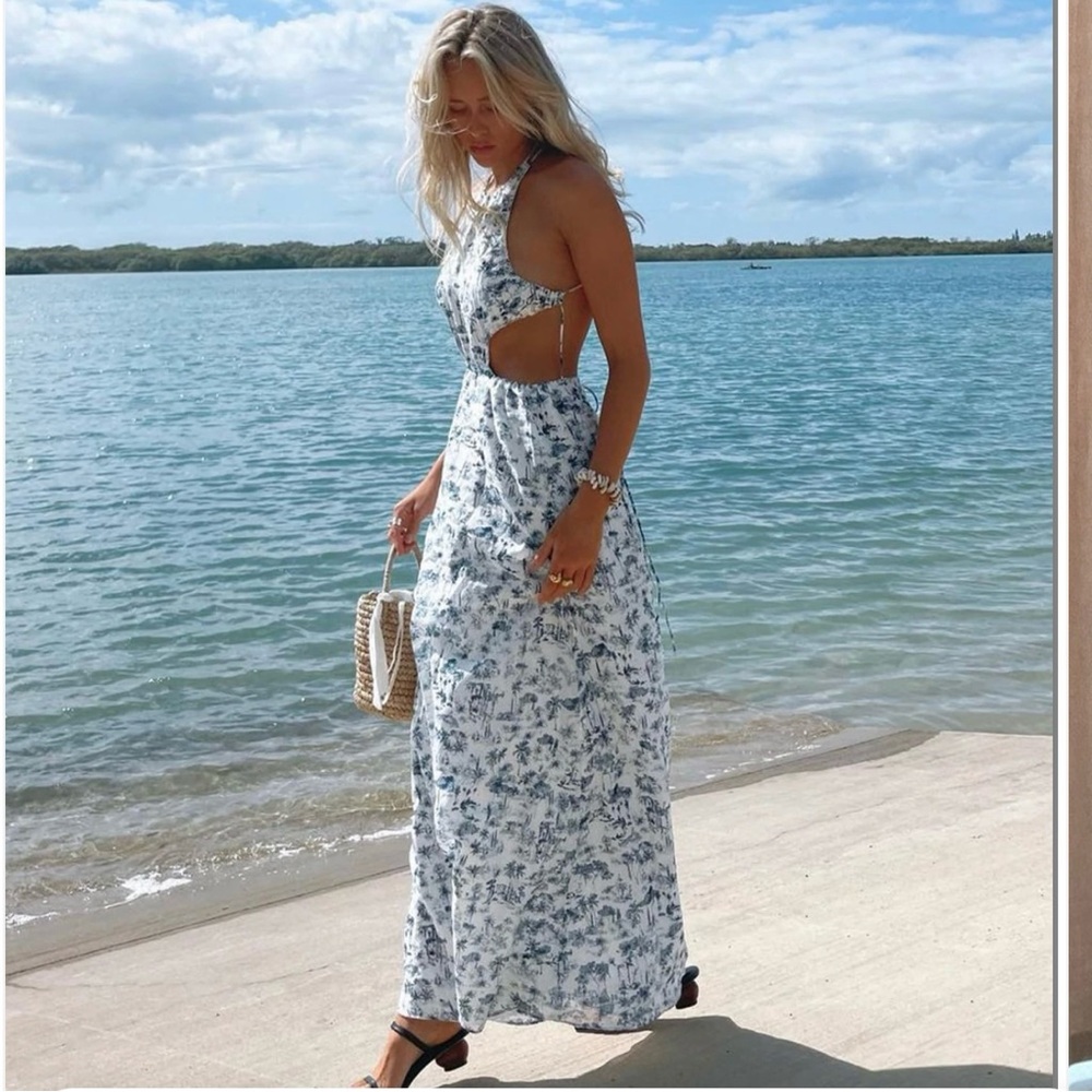 SIR the label White and Blue Floral Cutout Maxi Dress